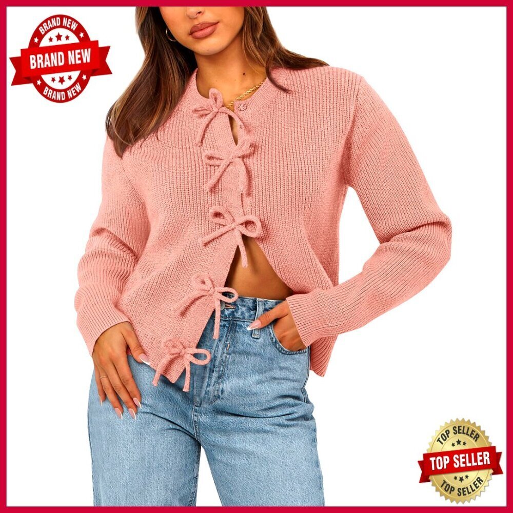 Cropped Cardigan Sweater with Bow Detail, Snap Closure, Relaxed Fit